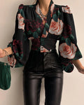 Women's Lantern Sleeve V-Neck Blouse – Slim Print Button Shirt | Office Lady Style