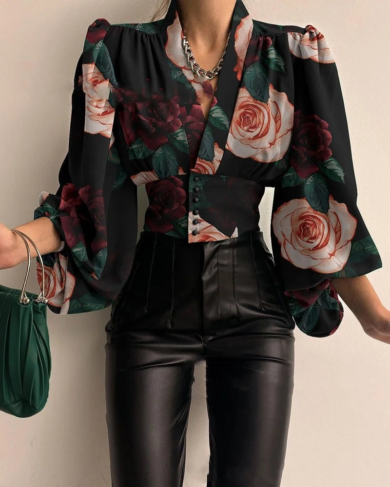 Women's Lantern Sleeve V-Neck Blouse – Slim Print Button Shirt | Office Lady Style