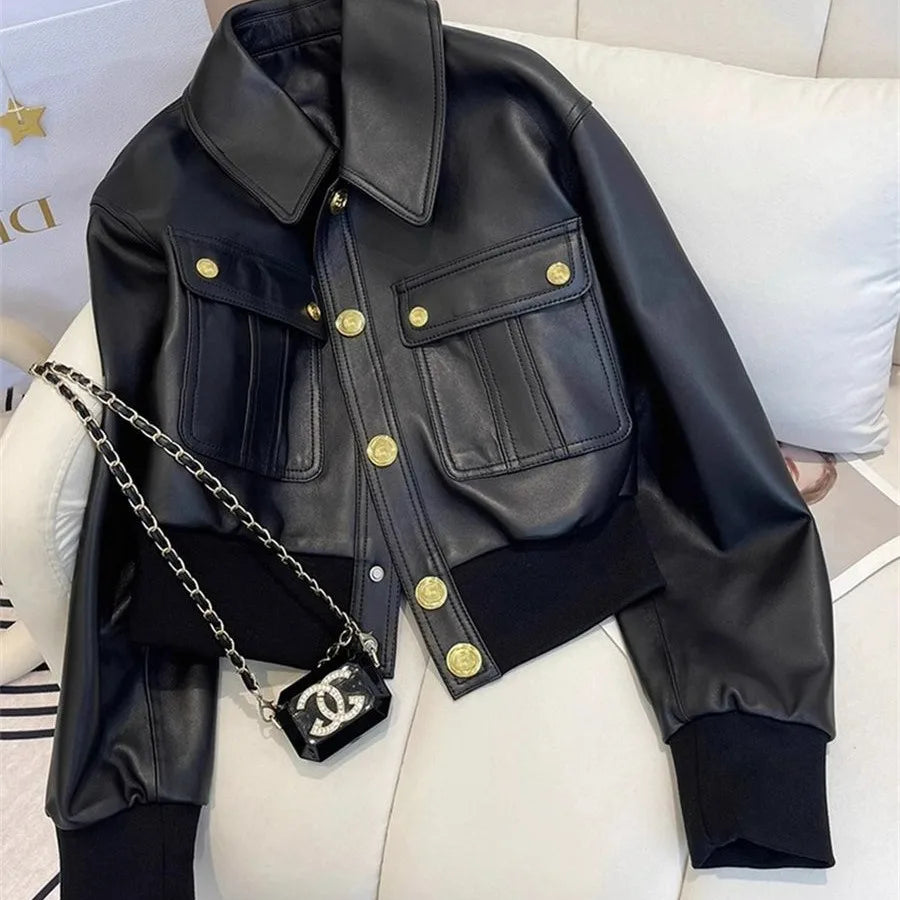 Women's Black PU Leather Biker Jacket – Short Moto Style Spring Autumn Coat