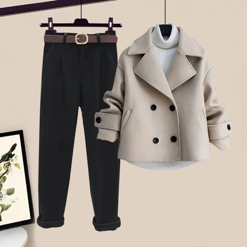 Women's Knitted 3-Piece Set – High-Neck Slim Fit Elegant Autumn Winter Ensemble