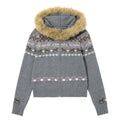 Women's Fair Isle Zip-Up Cardigan | Faux Fur Hood Rocking Horse Heart Print | Japanese Preppy Retro Knit | JBOLID