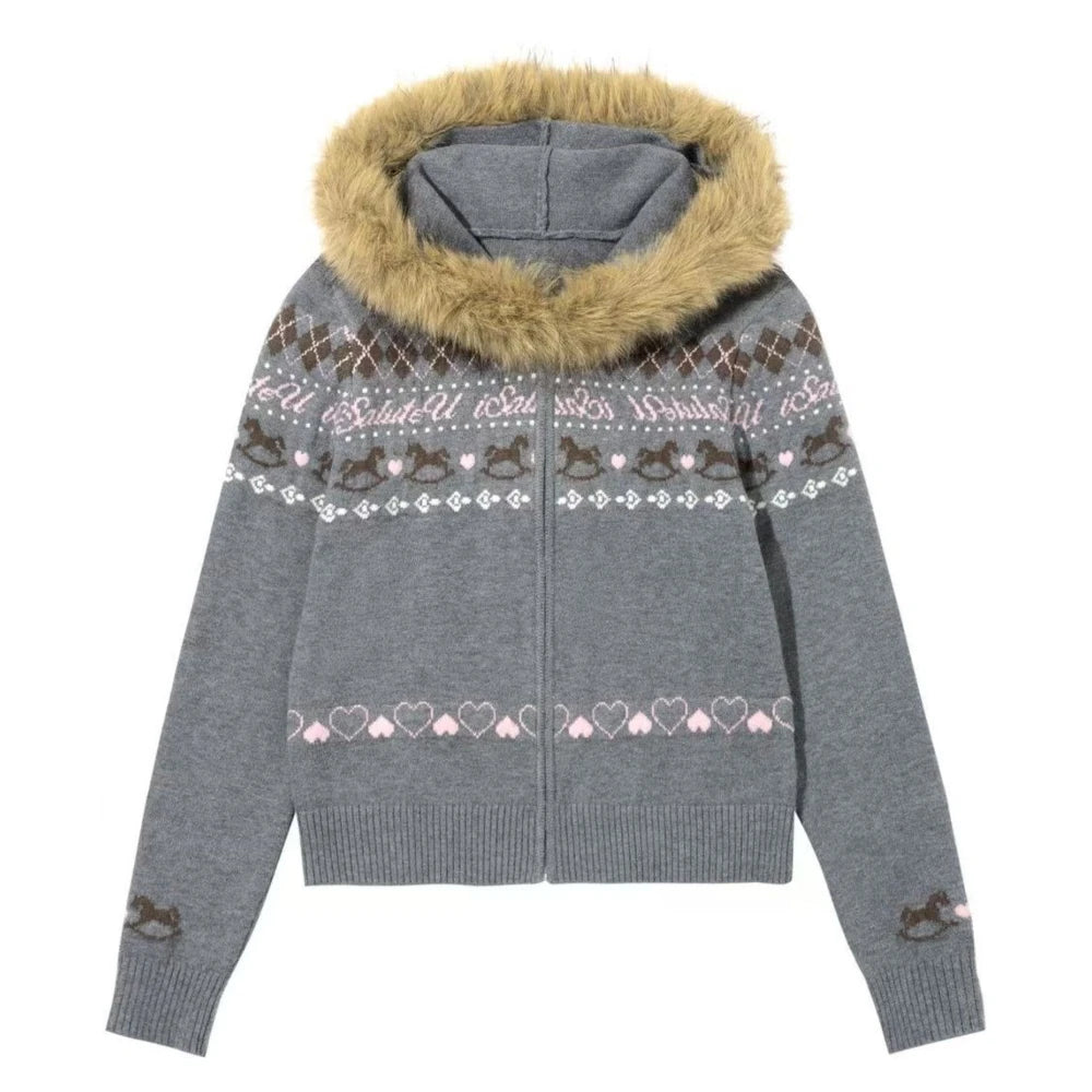 Women's Fair Isle Zip-Up Cardigan | Faux Fur Hood Rocking Horse Heart Print | Japanese Preppy Retro Knit | JBOLID