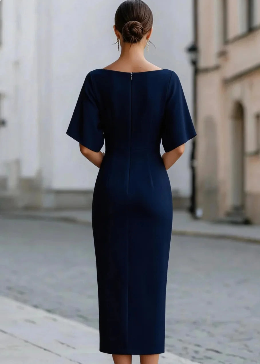 Elegant Slash Neck Midi Dress – Fitted Waist | Women's Formal & Party Wear