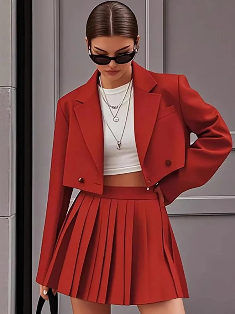 Women's Two-Piece Skirt Suit – Long Sleeve Notched Collar Top & Mini Skirt | Office Lady Spring Fashion
