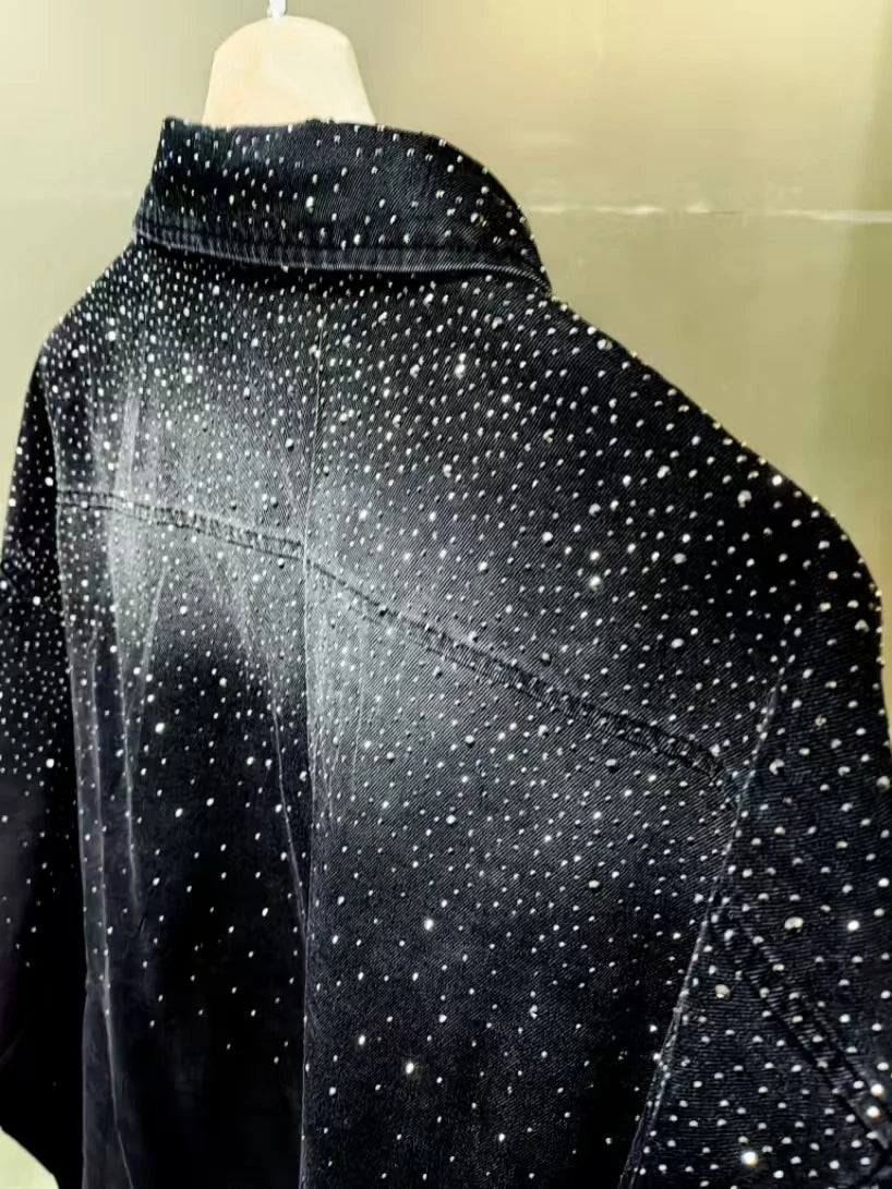 Women's Black Sequin Denim Shirt – Loose Casual Streetwear Jean Top | Autumn