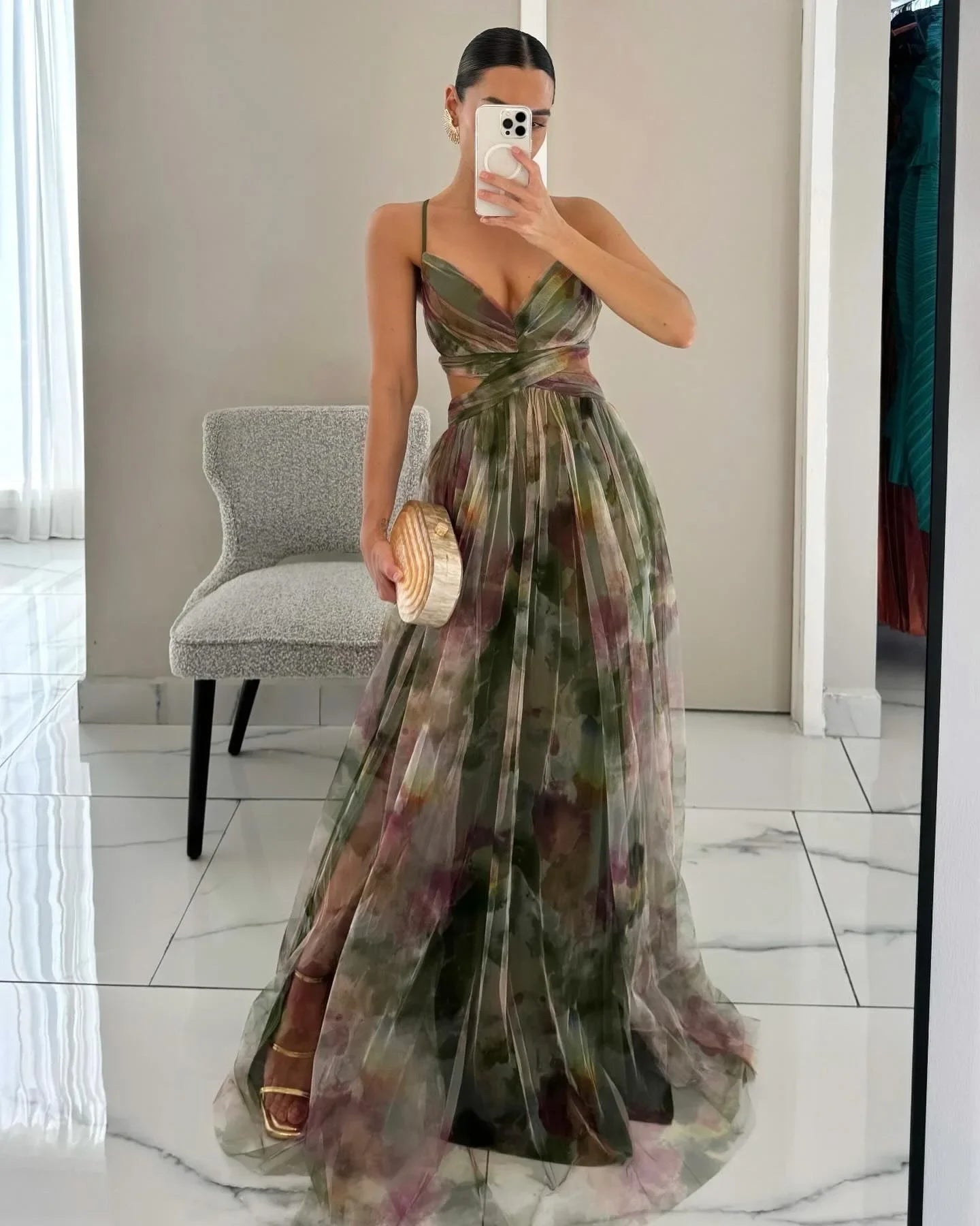 Women's Printed Mesh Midi Dress – Elegant Slim Fit Summer Party Dress