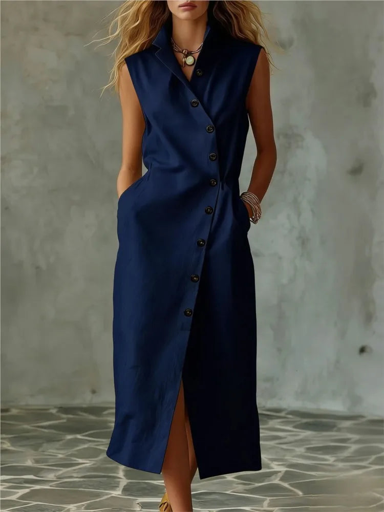 Elegant V-Neck Sundress – Sleeveless A-Line Midi Dress | Women's Summer Party Wear
