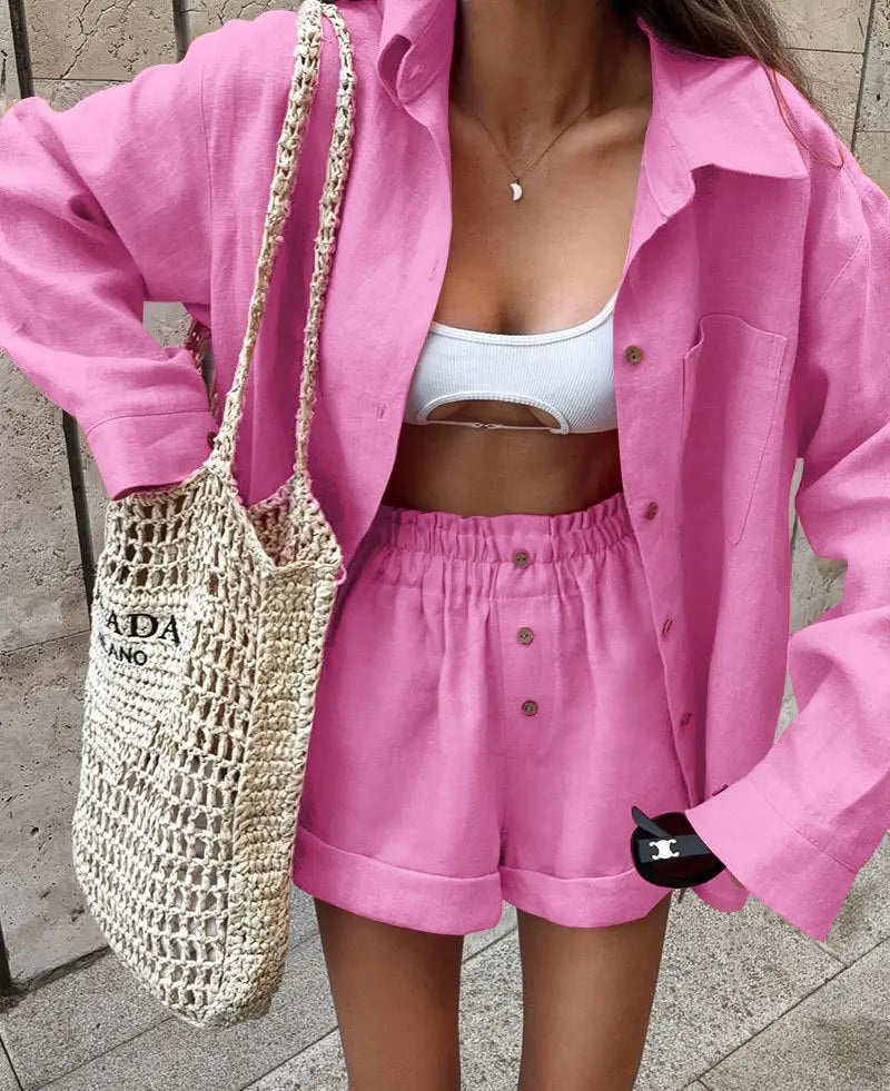 Women's Long Sleeve Shirt & Shorts Set – Casual 2-Piece Matching Outfit