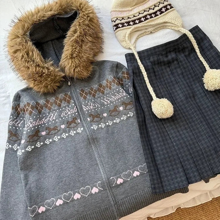 Women's Fair Isle Zip-Up Cardigan | Faux Fur Hood Rocking Horse Heart Print | Japanese Preppy Retro Knit | JBOLID