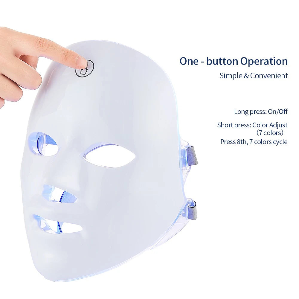 Máscara Facial LED 7 Cores Recarregável para Rejuvenescimento Lifting e Clareamento da Pele