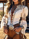 Women's White Floral Lace Patchwork Blouse – V-Neck Flare Sleeve Vintage Elegant Top | Autumn Winter