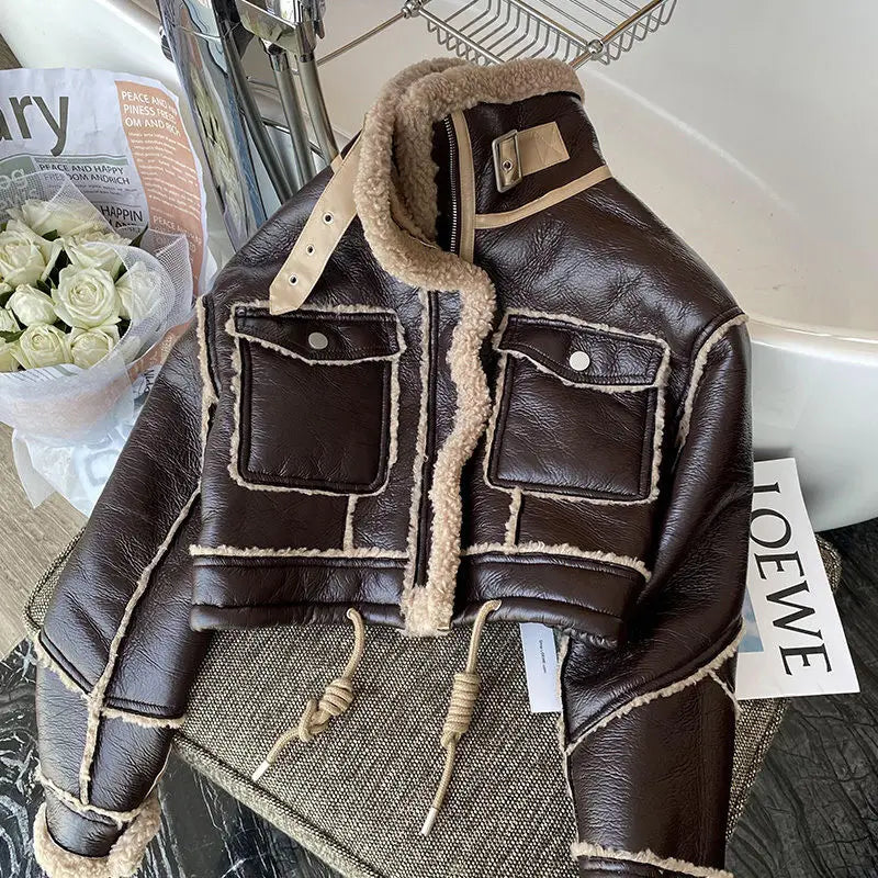 Women's Faux Leather Moto Jacket – PU Plush Lined Short Coat | High Street Style