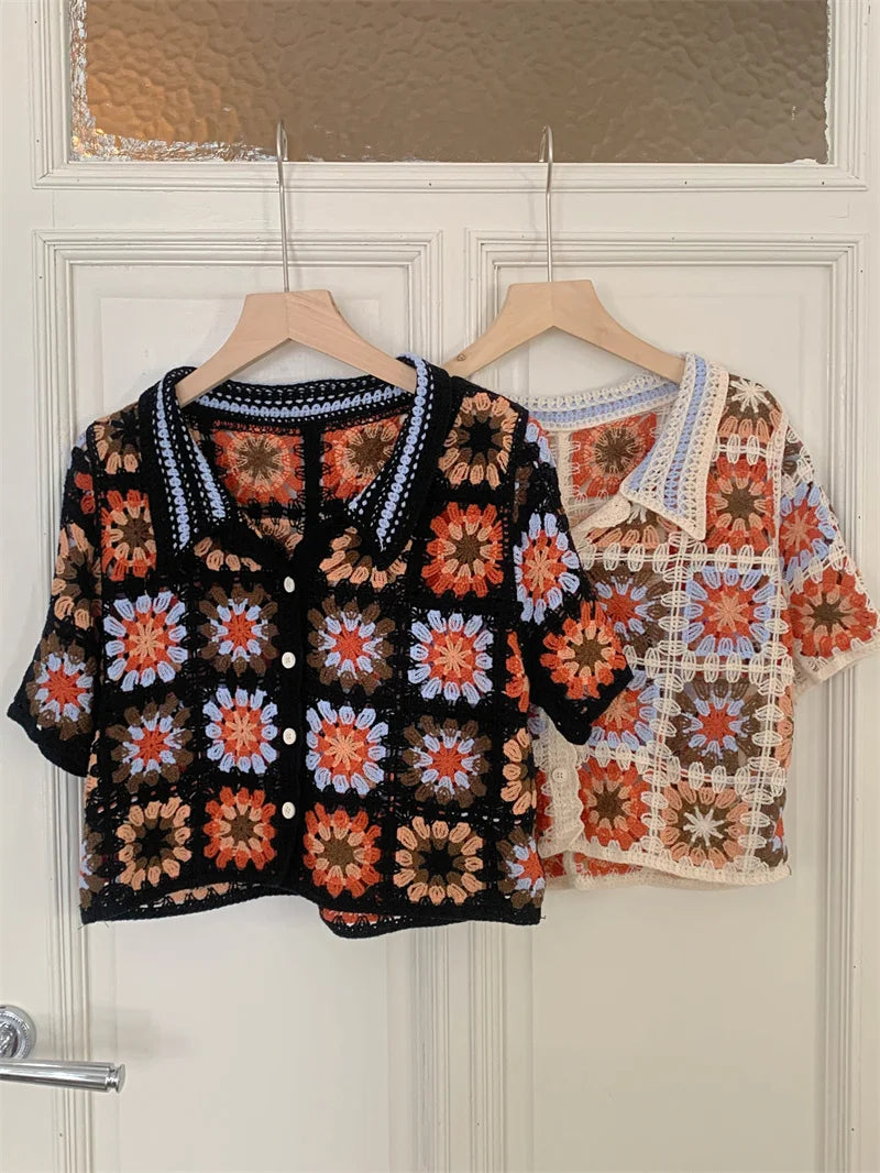 Women's Boho Crochet Crop Top | Granny Square Open-Knit Blouse | Summer Beach Vacation