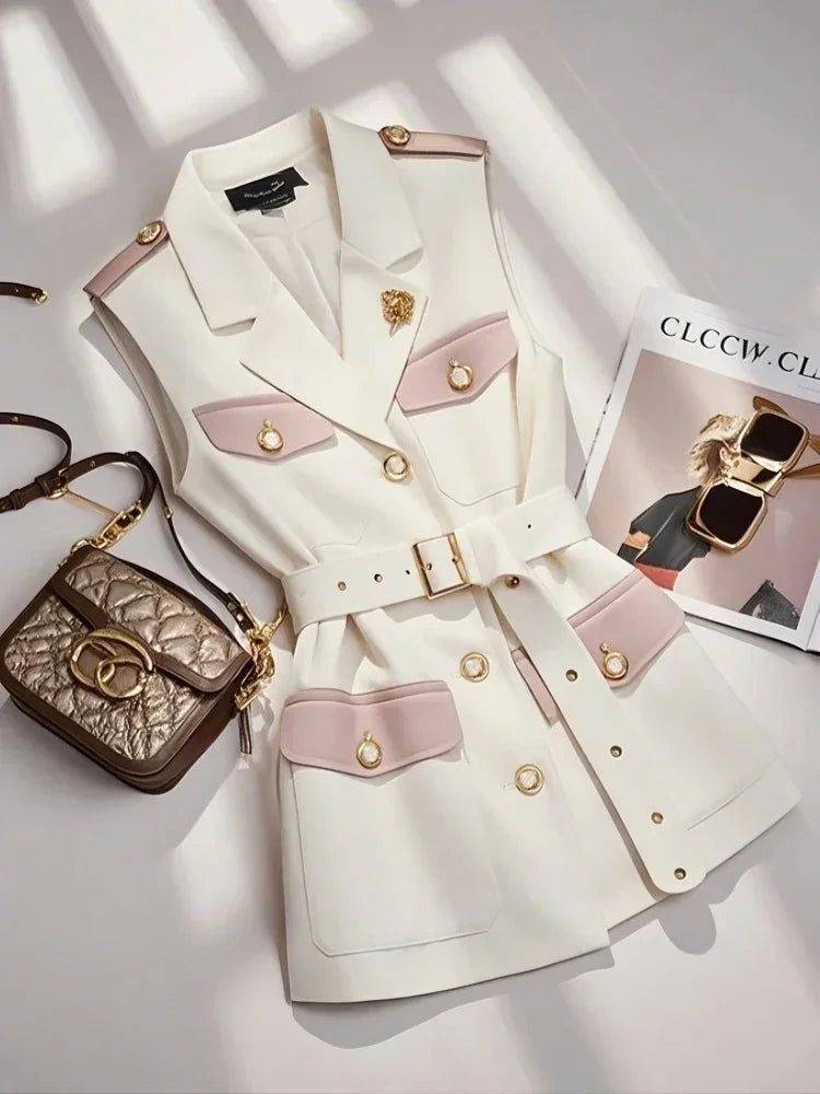 Women's Color Block Blazer Vest | Sleeveless Waistcoat Retro England Style | Adjustable Waist | Spring Summer | JBOLID