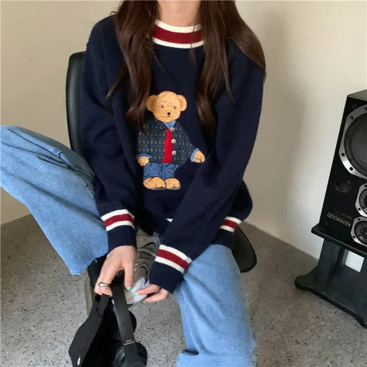 Women's Harajuku Bear Embroidery Knit Sweater | Kawaii Loose Pullover | Korean Sweet Style | Autumn Winter | GIDYQ