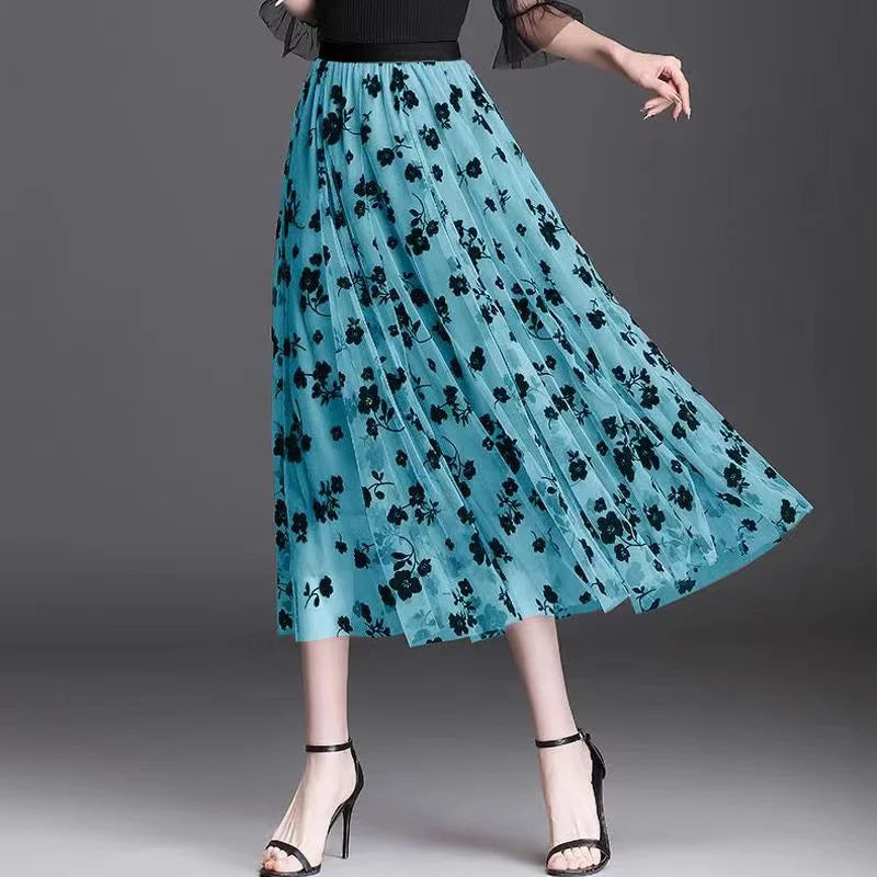 Women's Floral Lace Mesh A-Line Skirt – High Waist Big Swing Elegant Midi Skirt | Spring Summer