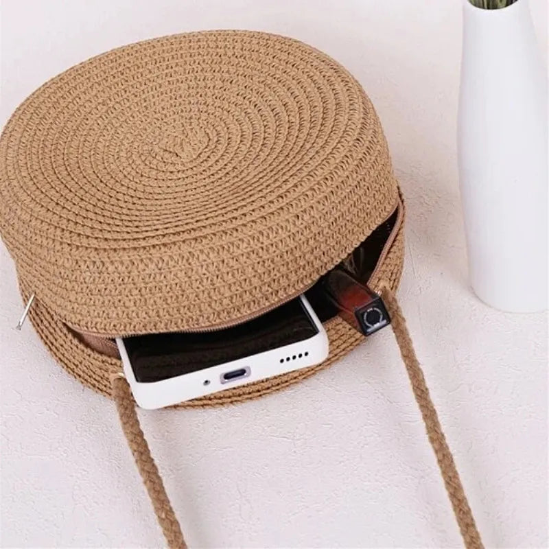 Bolsa de Palha Redonda Transversal Minimalista Feminina com Fecho Zipper 5 Cores