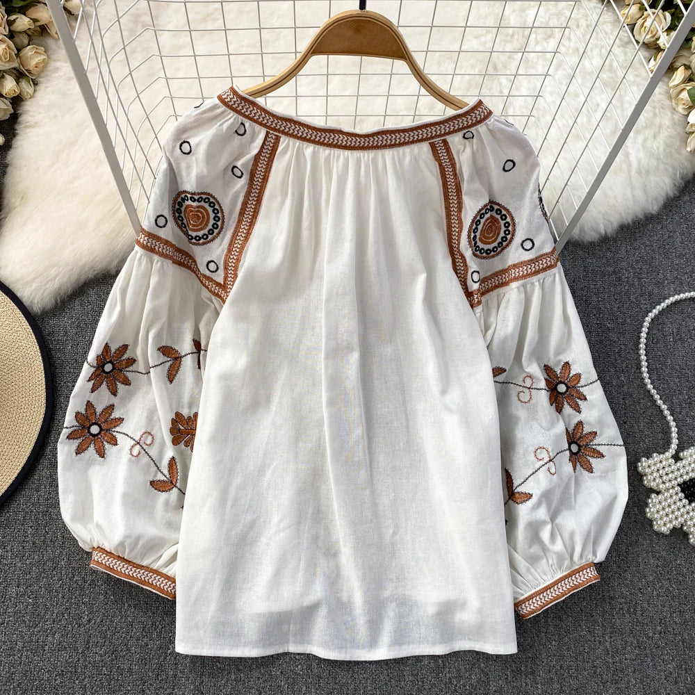 Women's Boho Floral Embroidery Blouse | Lantern Sleeve Loose Cotton Linen Top | Vintage Beach | TEELYNN