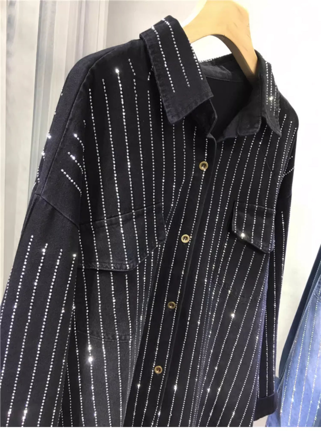 Women's Full Body Diamond Denim Shirt – Loose Casual High Street Jacket Top | Autumn Winter
