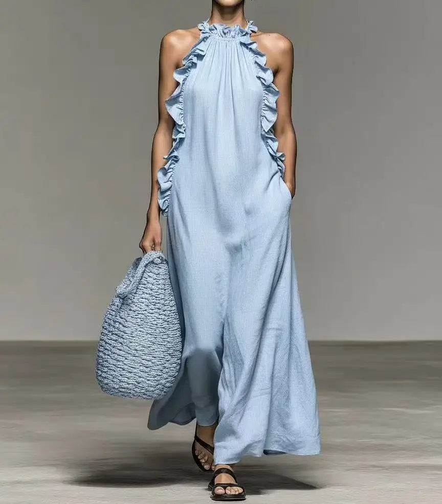 Elegant Ruffle Halter Maxi Dress – Sleeveless Flowy Sundress for Women