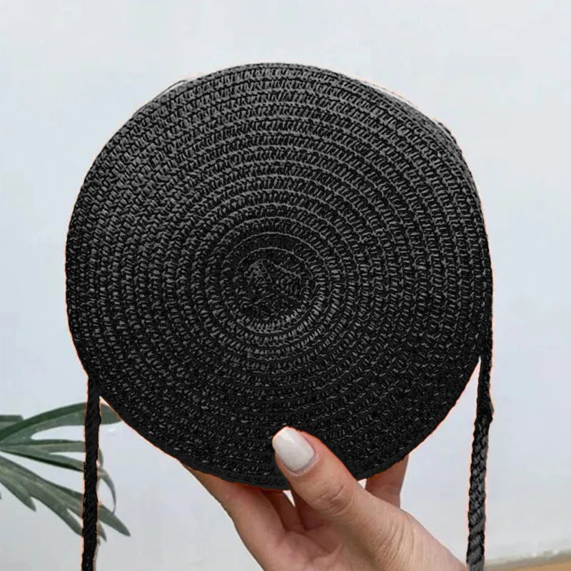 Bolsa de Palha Redonda Transversal Minimalista Feminina com Fecho Zipper 5 Cores