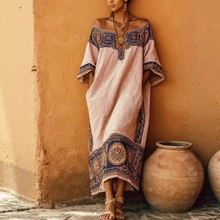 Geometric Print Pocket A-Line Dress – Loose O-Neck Short Sleeve | Women's Casual Vacation Wear