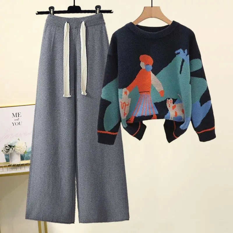 Women's Knitted Sweater & Wide Leg Pants Set – Loose Casual 2-Piece Autumn Outfit