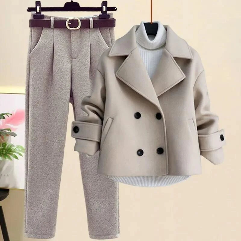 Women's Knitted 3-Piece Set – High-Neck Slim Fit Elegant Autumn Winter Ensemble