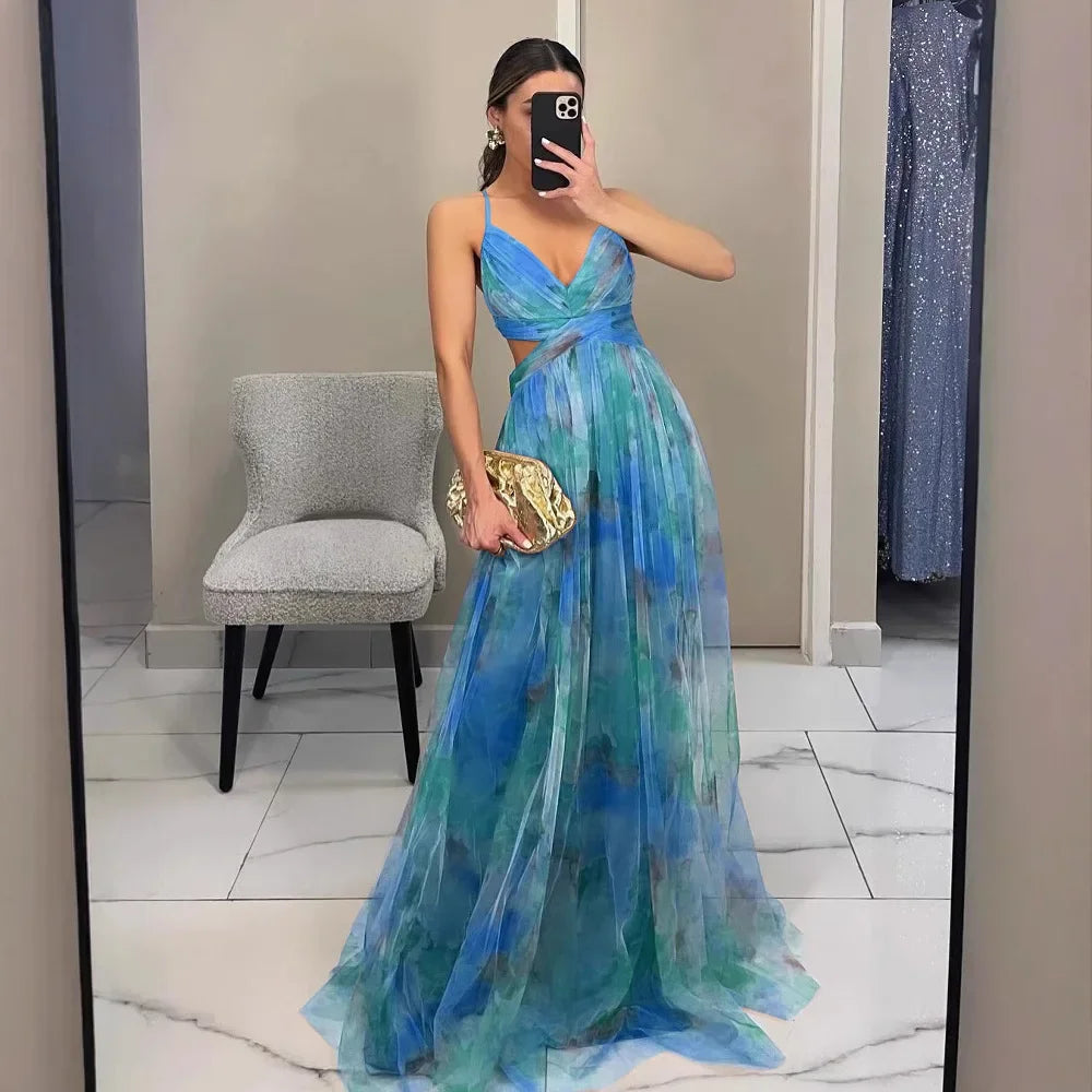 Women's Printed Mesh Midi Dress – Elegant Slim Fit Summer Party Dress