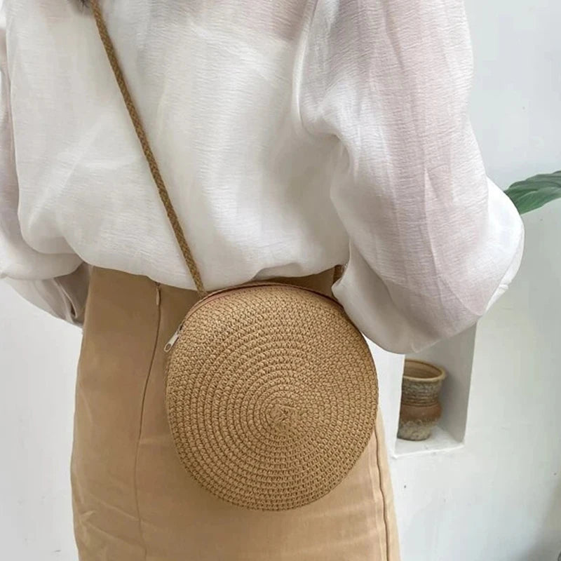 Bolsa de Palha Redonda Transversal Minimalista Feminina com Fecho Zipper 5 Cores
