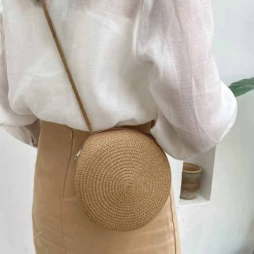 Bolsa de Palha Redonda Transversal Minimalista Feminina com Fecho Zipper 5 Cores