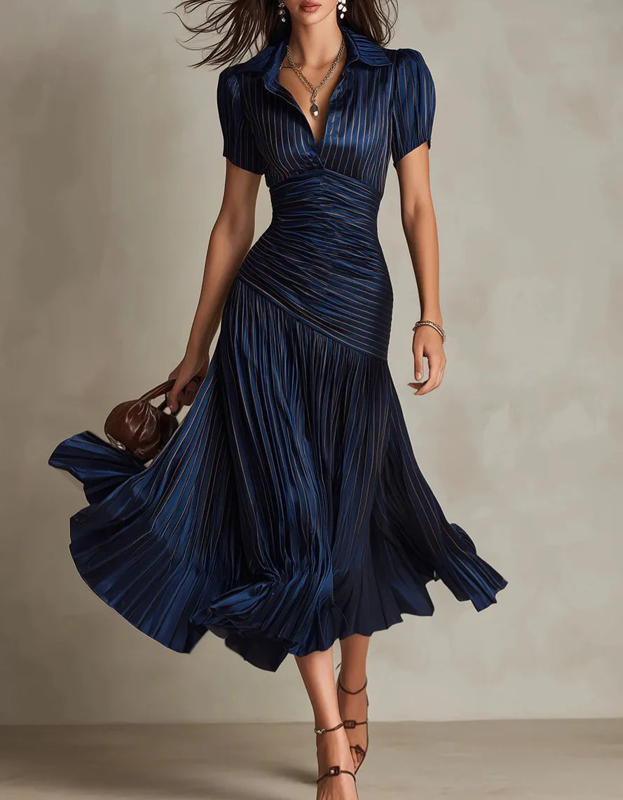 Striped A-Line Maxi Dress – Short Sleeve High Waist Slim Long Dress for Women