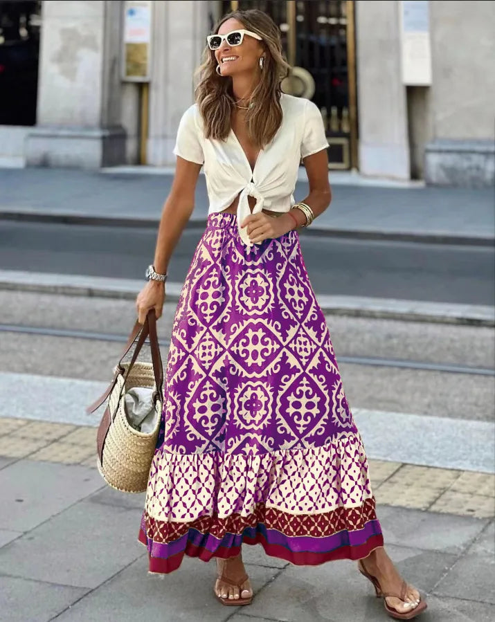 Women's Boho Chiffon Swing Midi Skirt | Elastic Waist Geometric Print | Beach & Daily Wear
