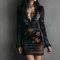 Velvet Floral Lace Trim Bodycon Dress – Deep V-Neck Long Sleeve | Women's Elegant European Style