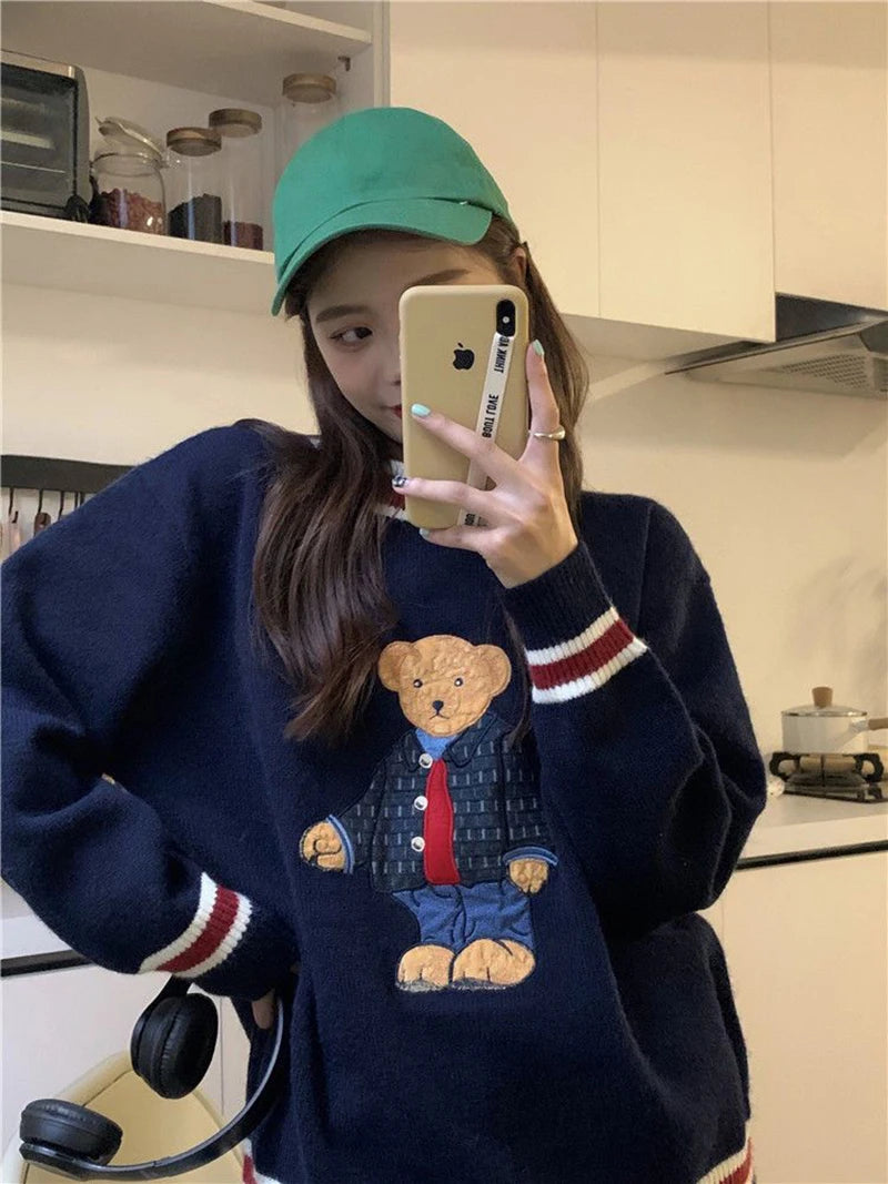 Women's Harajuku Bear Embroidery Knit Sweater | Kawaii Loose Pullover | Korean Sweet Style | Autumn Winter | GIDYQ
