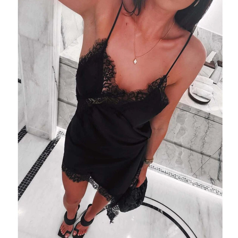 Women's Lace Slip Mini Dress – Backless Asymmetric Spaghetti Strap Party Dress