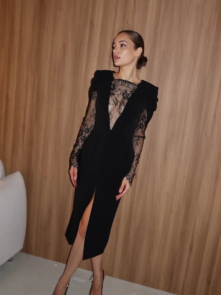 Women's Black Lace Velvet Sheath Dress – Long Sleeve Split Slim Party Dress