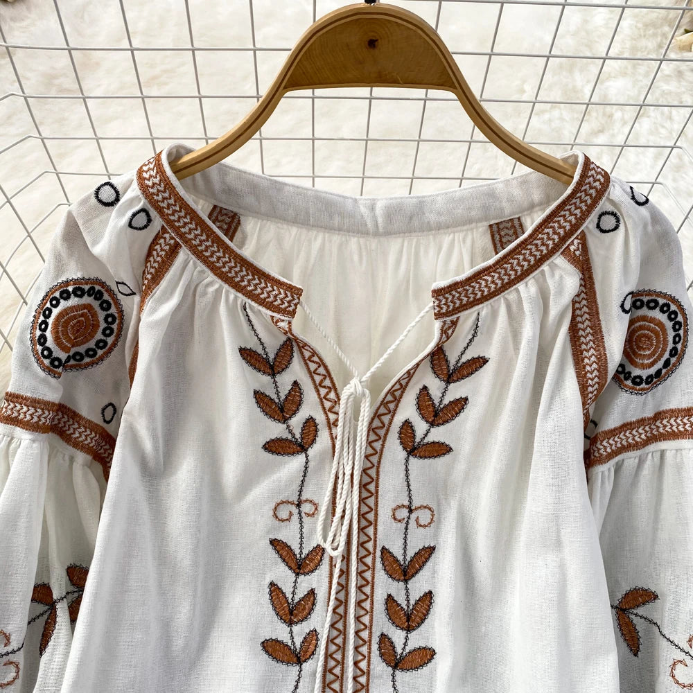 Women's Boho Floral Embroidery Blouse | Lantern Sleeve Loose Cotton Linen Top | Vintage Beach | TEELYNN