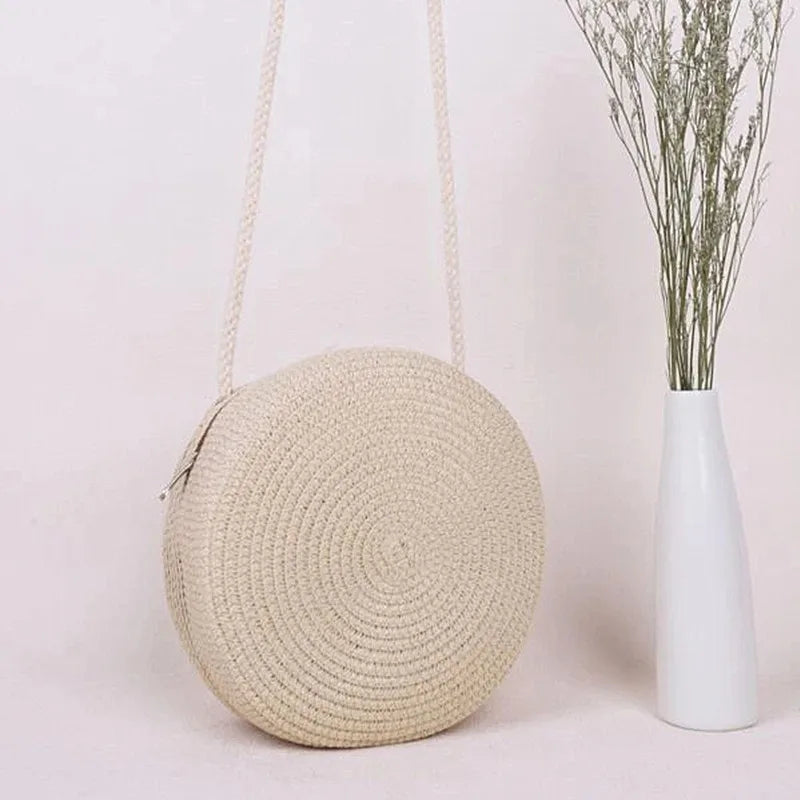 Bolsa de Palha Redonda Transversal Minimalista Feminina com Fecho Zipper 5 Cores