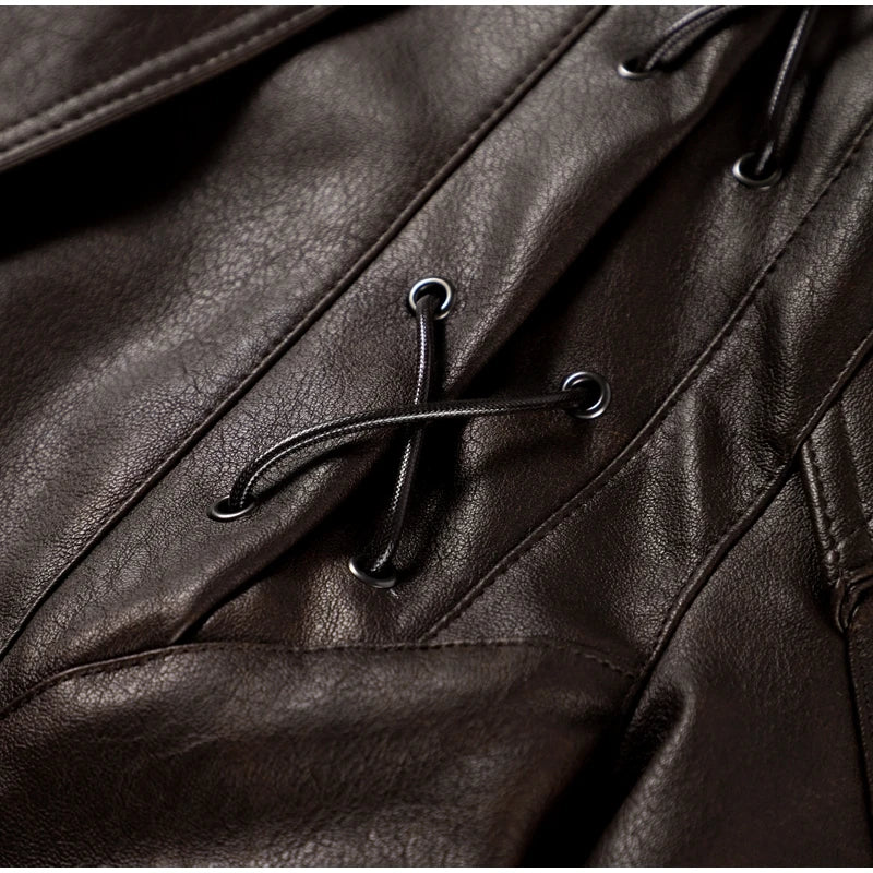 Women's Faux Leather Belted Jacket | Lapel Lace-Up Vintage High Street Coat | Autumn Winter