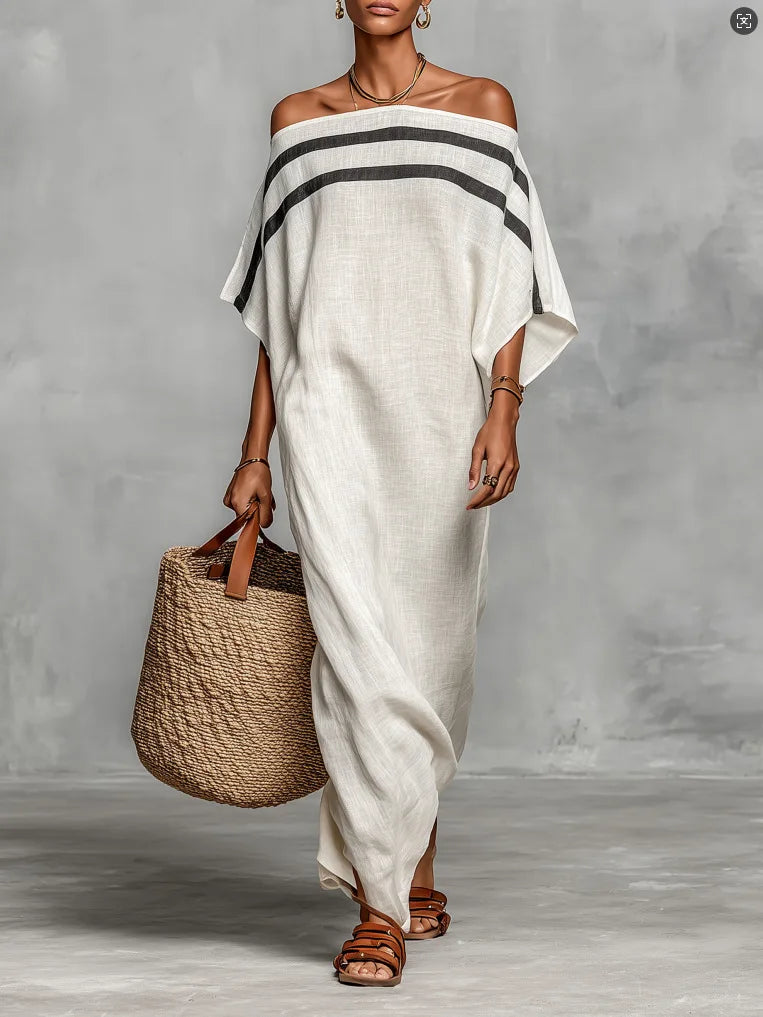 Women's Striped One-Shoulder Maxi Dress – Retro Beach Vacation Dress