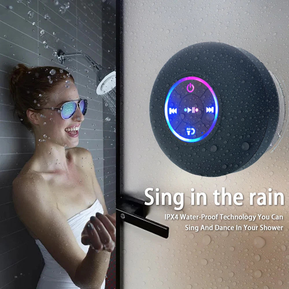 Caixa de Som Bluetooth Portátil com LED e Ventosa IPX4 À Prova d’Água para Banheiro e Ar Livre