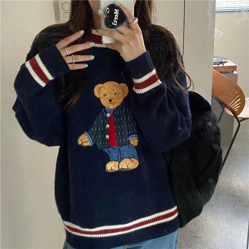 Women's Harajuku Bear Embroidery Knit Sweater | Kawaii Loose Pullover | Korean Sweet Style | Autumn Winter | GIDYQ
