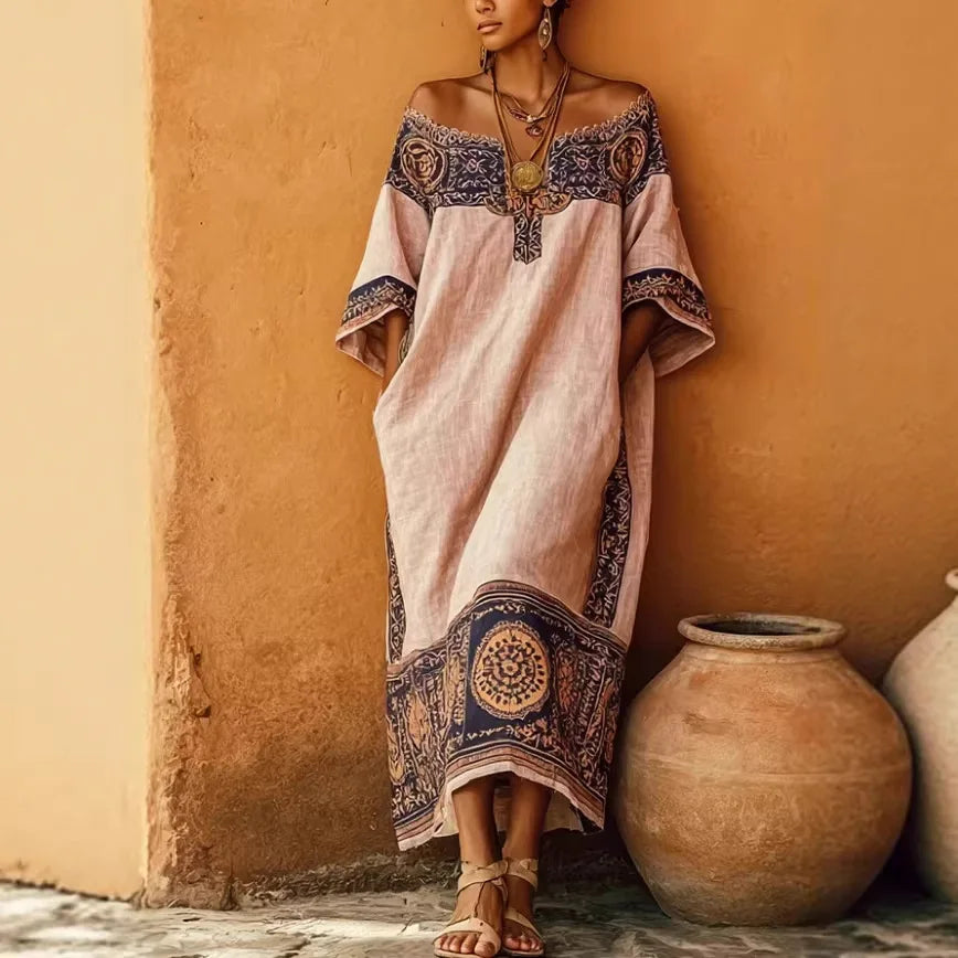 Geometric Print Pocket A-Line Dress – Loose O-Neck Short Sleeve | Women's Casual Vacation Wear