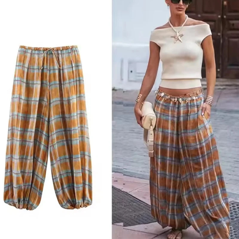 Women's Plaid Bloomers Pants – High-Waist Drawstring Loose Trousers
