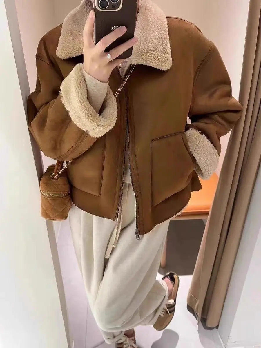 Women's Korean Lamb Fur Jacket – Retro Collared Loose Short Coat