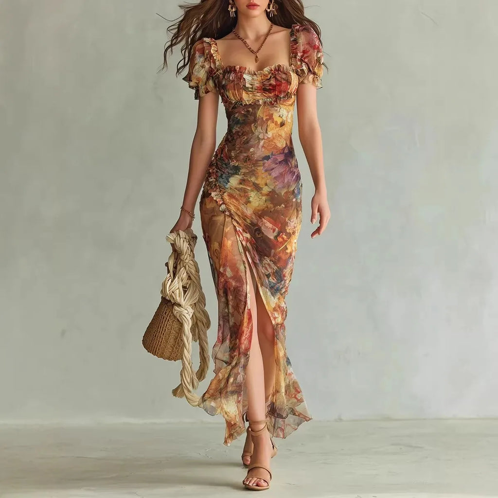 Boho Floral Maxi Dress – Square Neck Ruched Bodycon Long Dress for Women
