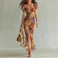 Boho Floral Maxi Dress – Square Neck Ruched Bodycon Long Dress for Women