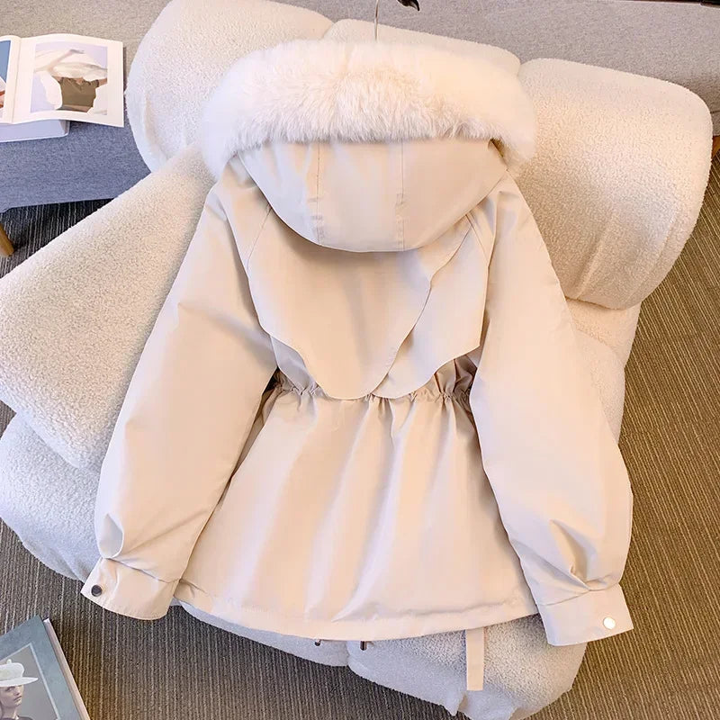 Women's Fleece-Lined Hooded Puffer Jacket – Drawstring Padded Parka | Korean Streetwear
