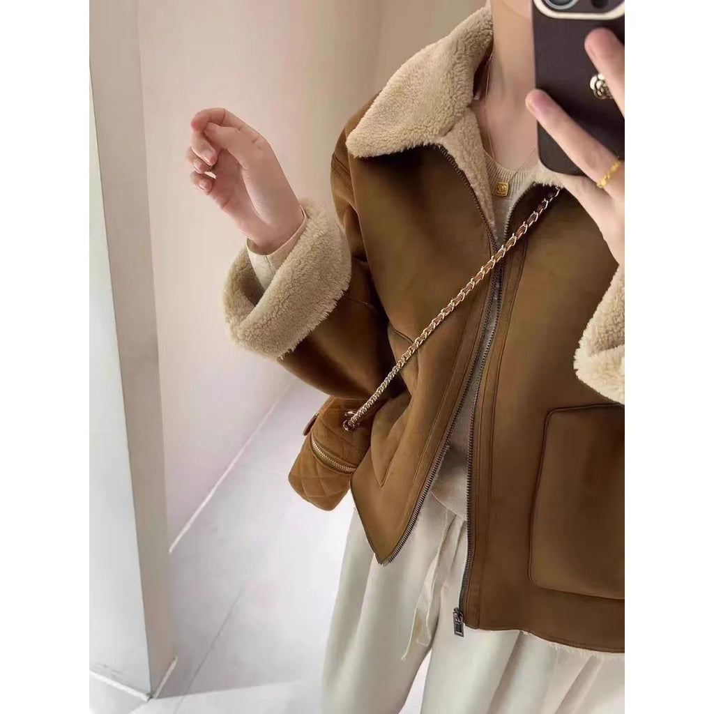 Women's Korean Lamb Fur Jacket – Retro Collared Loose Short Coat